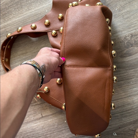 JLN Anthropologie BROWN/GOLD THE SONIA MEDIUM SLOUCHED STUDDED BAG - Picture 9 of 9